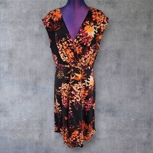 Lascana Venus Black & Orange Floral Print Faux Wrap Midi Dress Size Medium Women